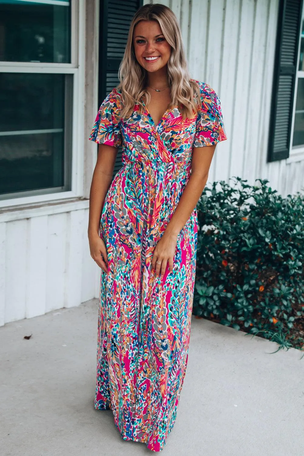 Rose Boho Abstract Print V Neck Short Sleeve Maxi Wrap Dress