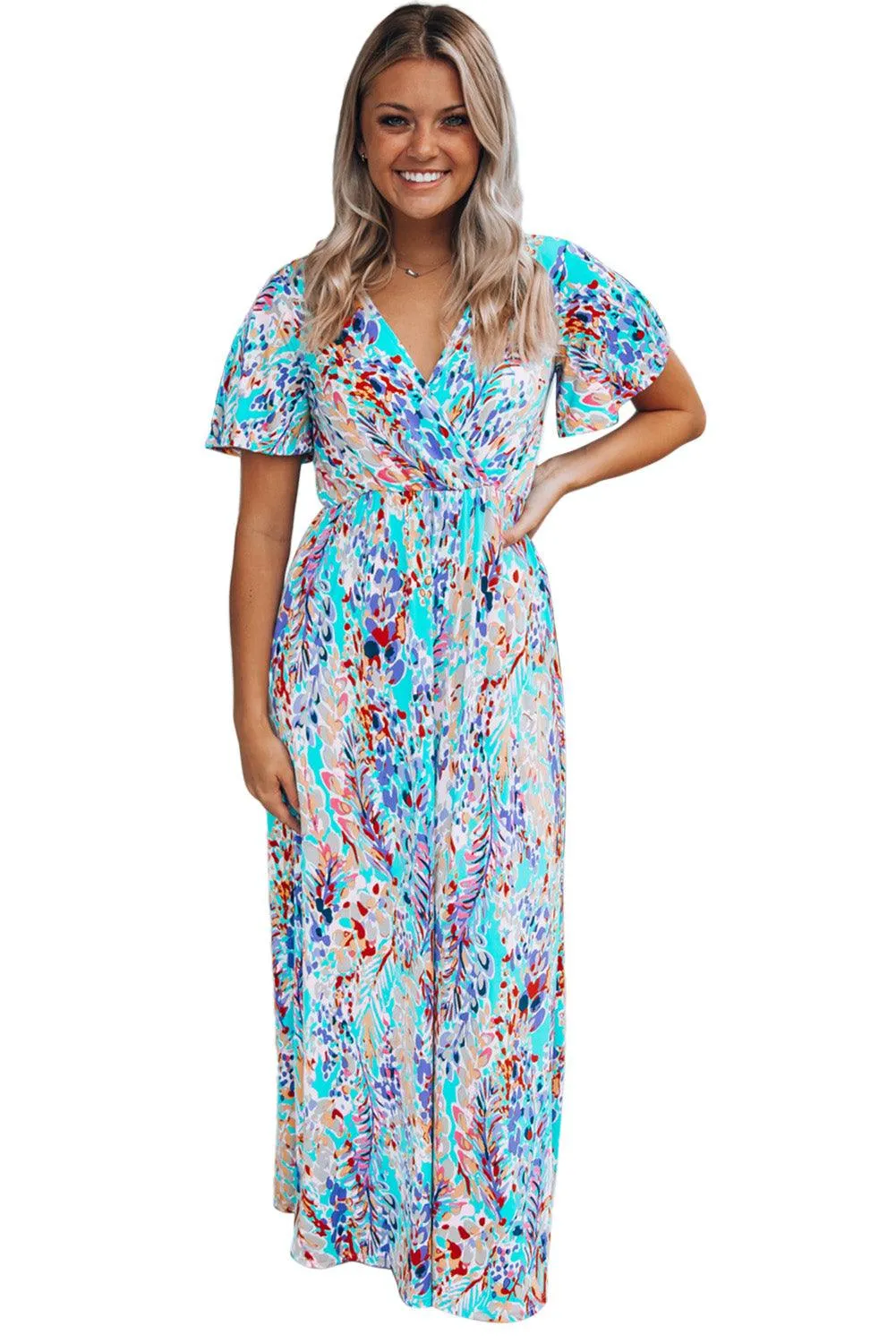 Rose Boho Abstract Print V Neck Short Sleeve Maxi Wrap Dress