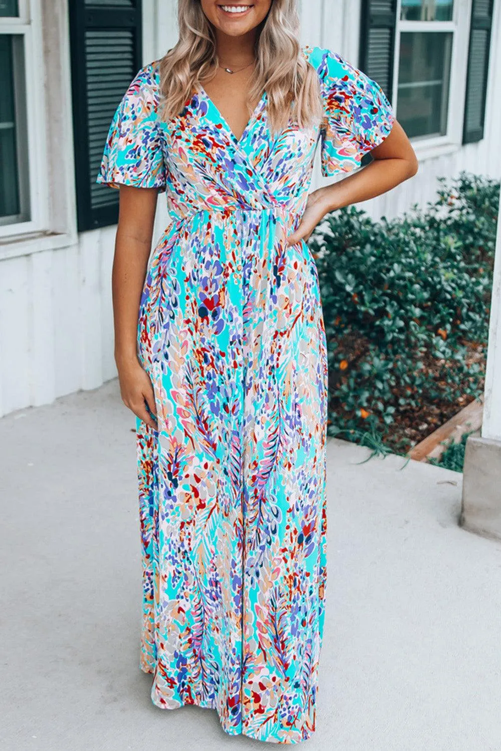 Rose Boho Abstract Print V Neck Short Sleeve Maxi Wrap Dress