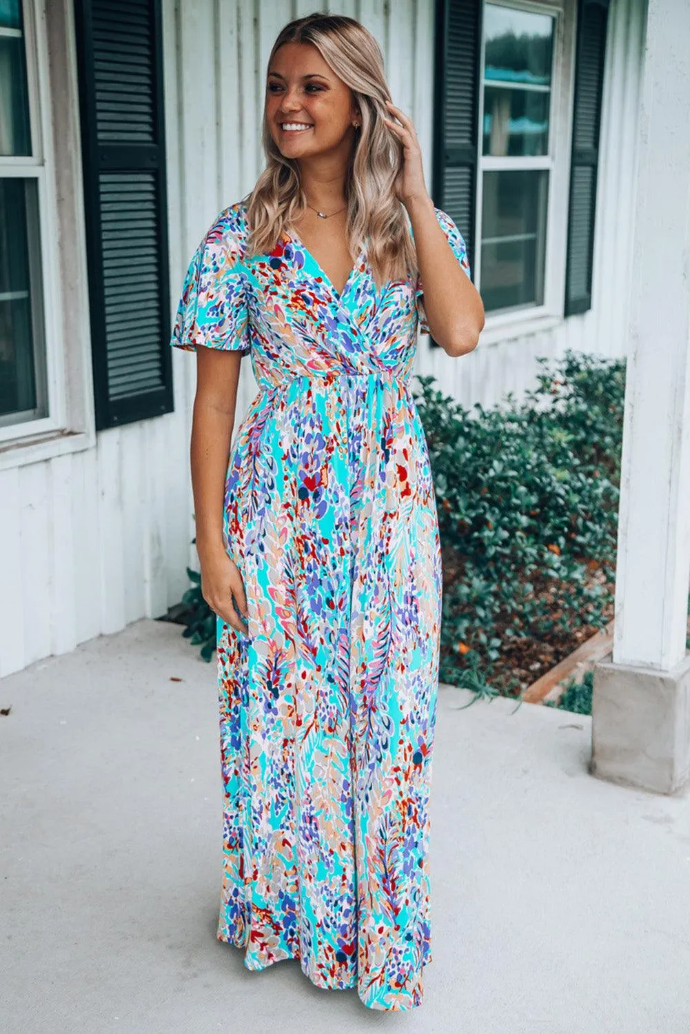 Rose Boho Abstract Print V Neck Short Sleeve Maxi Wrap Dress