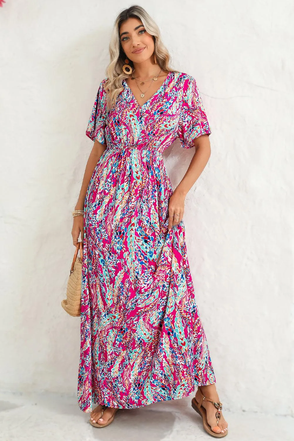 Rose Boho Abstract Print V Neck Short Sleeve Maxi Wrap Dress