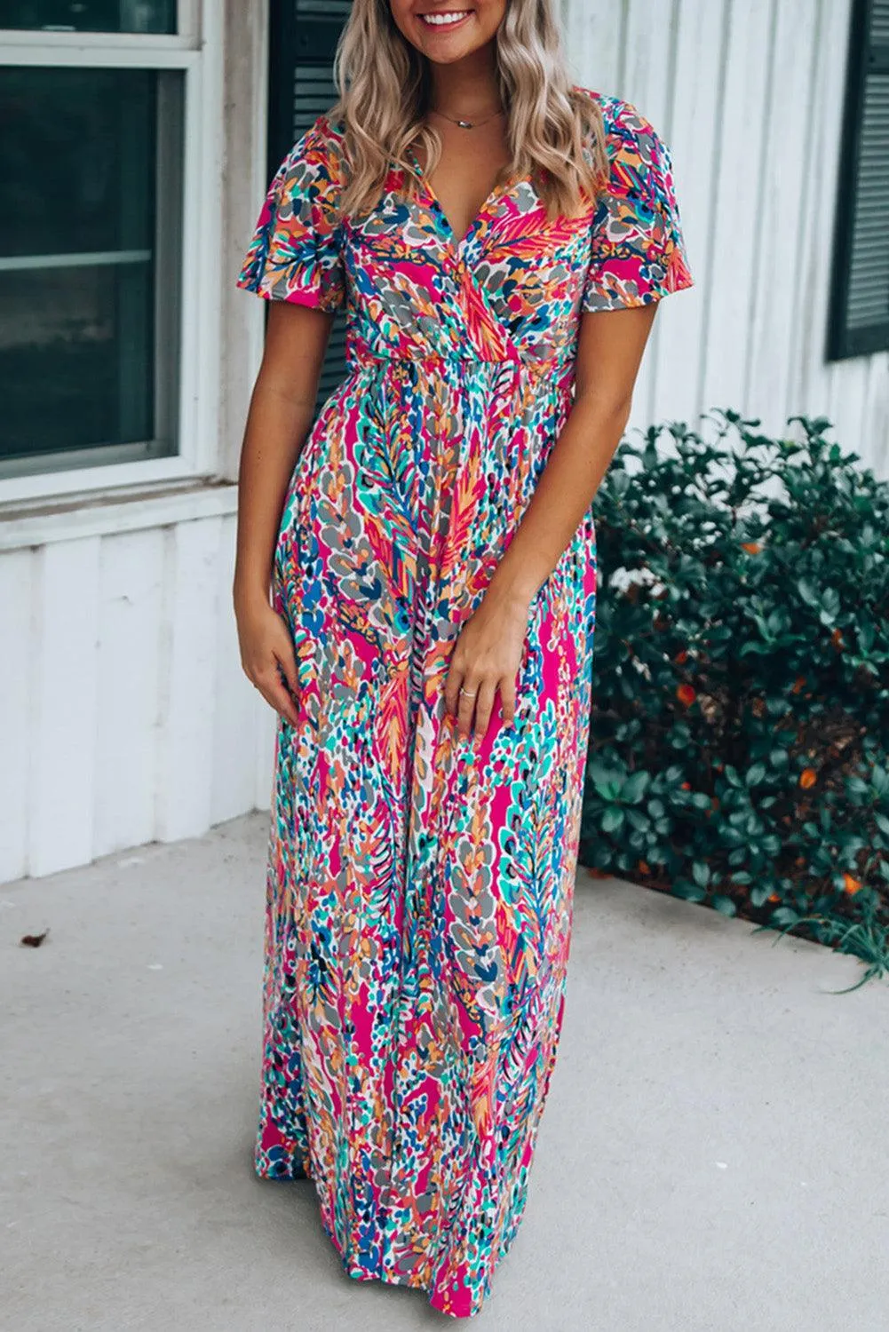 Rose Boho Abstract Print V Neck Short Sleeve Maxi Wrap Dress