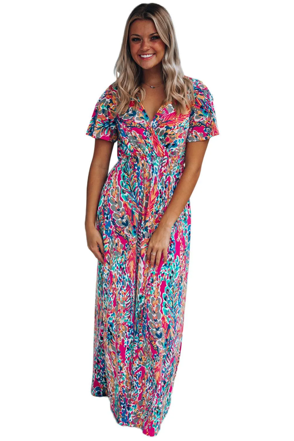 Rose Boho Abstract Print V Neck Short Sleeve Maxi Wrap Dress