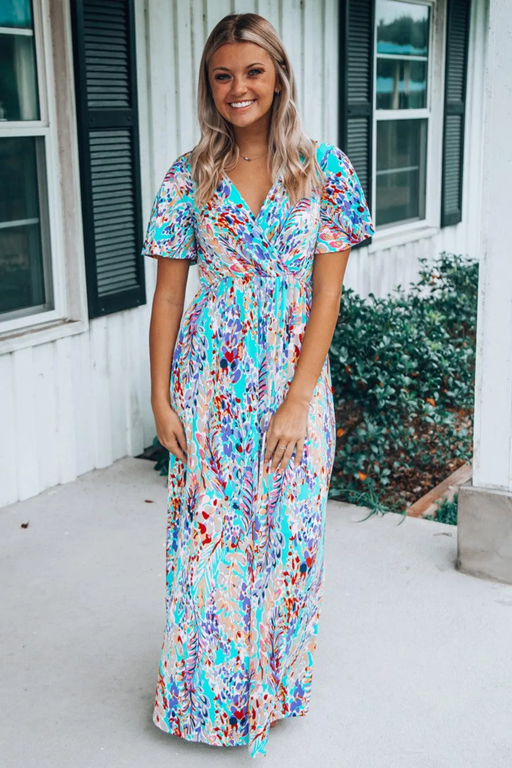 Rose Boho Abstract Print V Neck Short Sleeve Maxi Wrap Dress