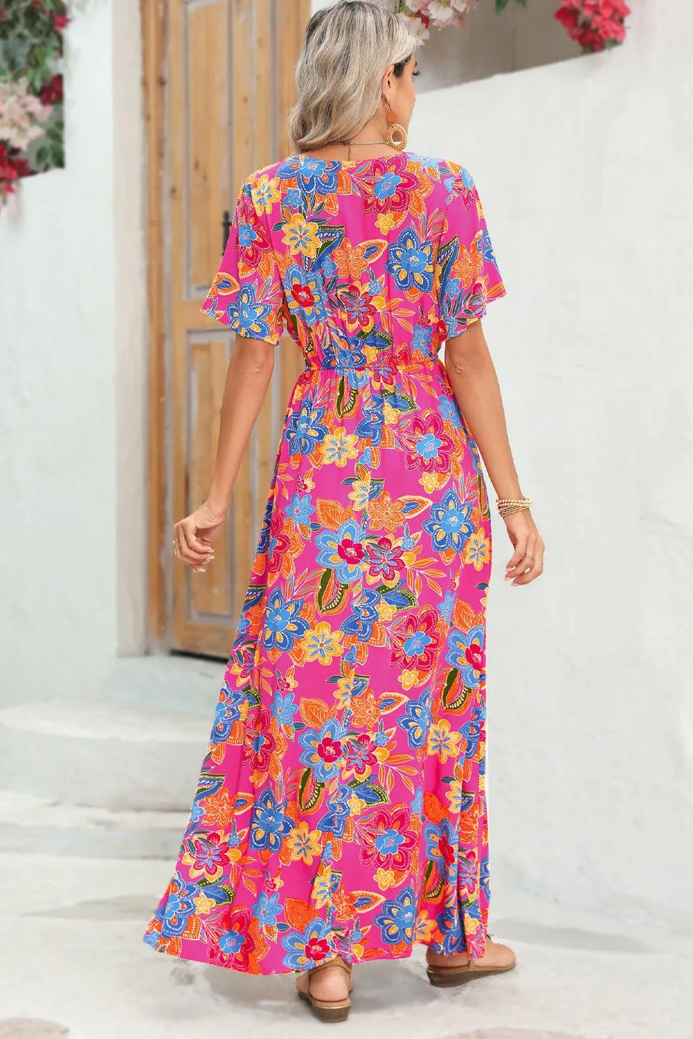 Rose Boho Abstract Print V Neck Short Sleeve Maxi Wrap Dress