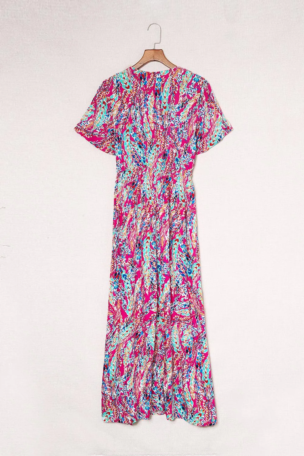 Rose Boho Abstract Print V Neck Short Sleeve Maxi Wrap Dress