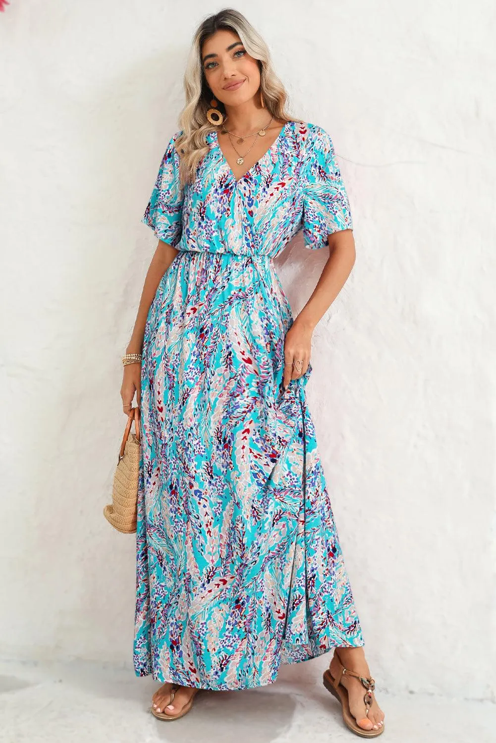 Rose Boho Abstract Print V Neck Short Sleeve Maxi Wrap Dress