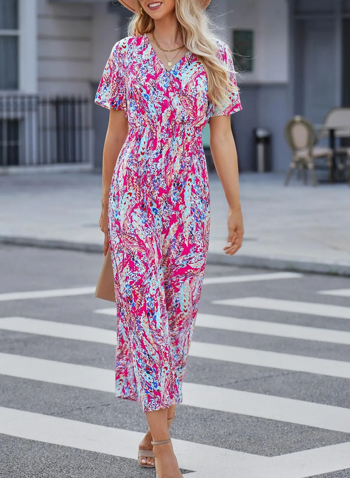 Rose Boho Abstract Print V Neck Short Sleeve Maxi Wrap Dress