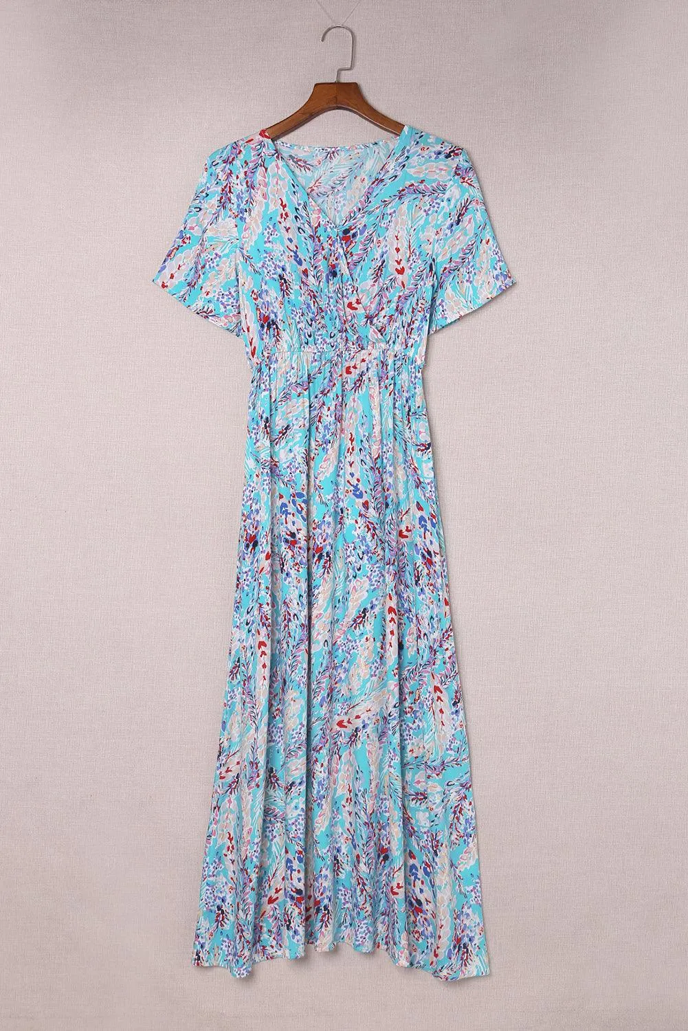 Rose Boho Abstract Print V Neck Short Sleeve Maxi Wrap Dress