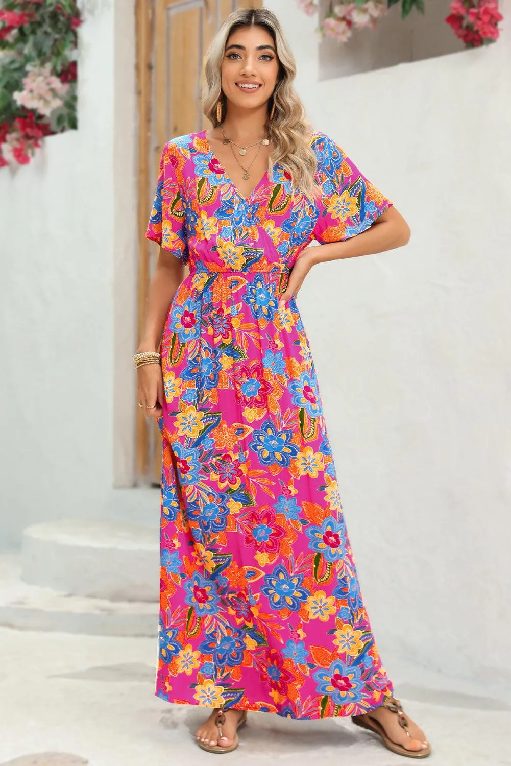 Rose Boho Abstract Print V Neck Short Sleeve Maxi Wrap Dress