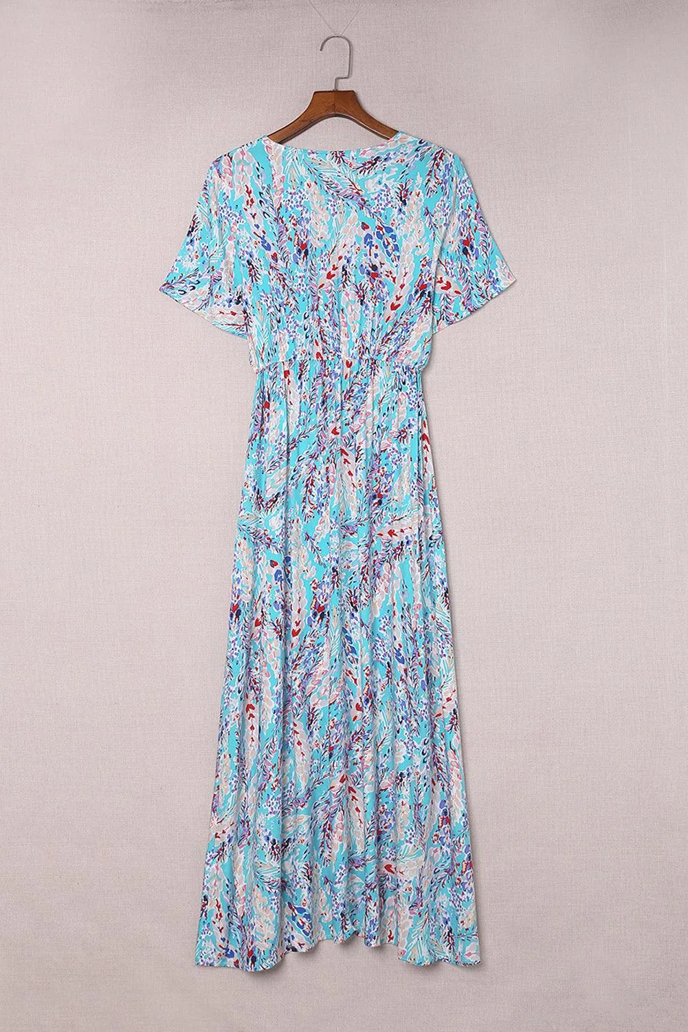 Rose Boho Abstract Print V Neck Short Sleeve Maxi Wrap Dress