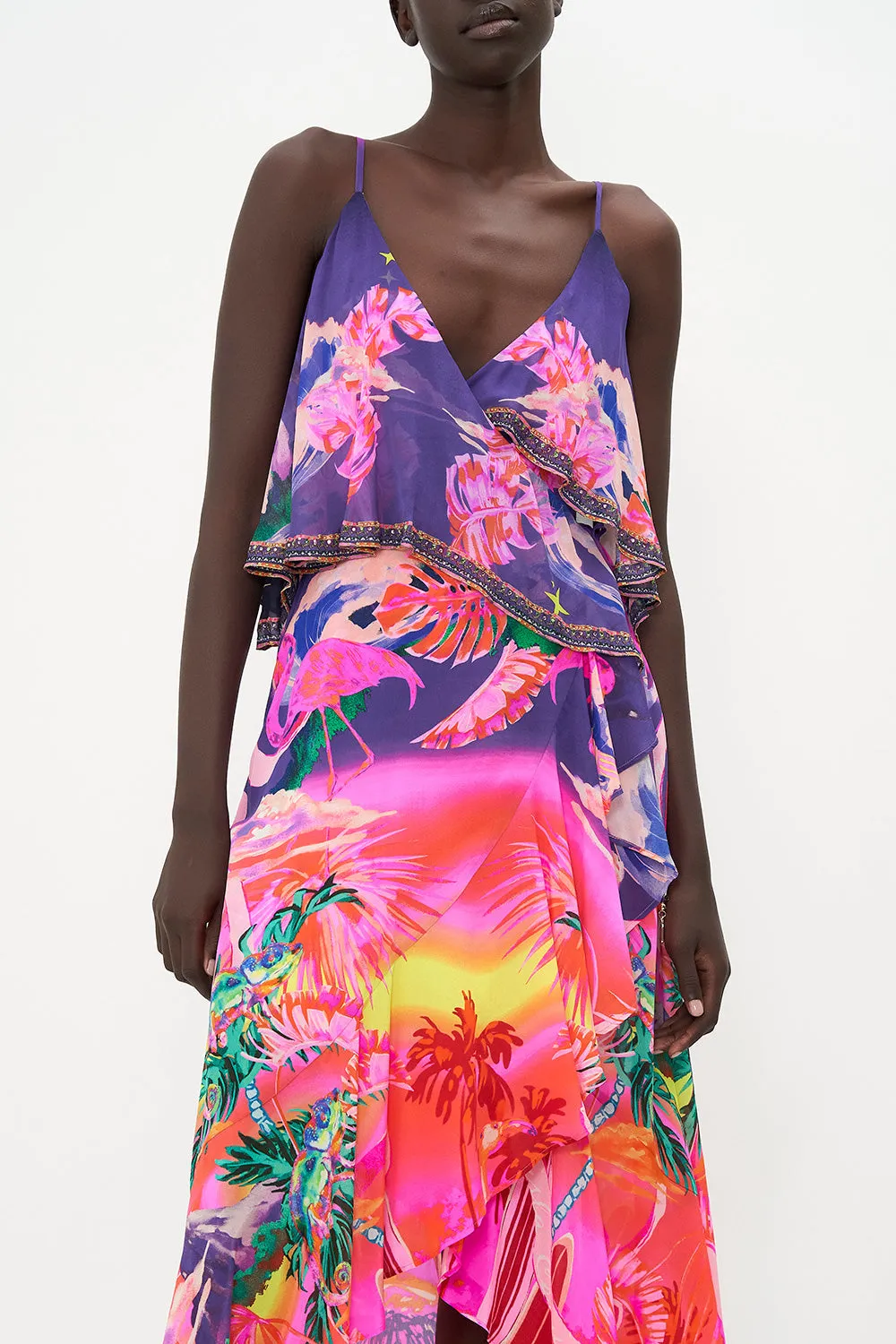 RUFFLE OVERLAYER WRAP DRESS FLIGHT OF THE FLAMINGO