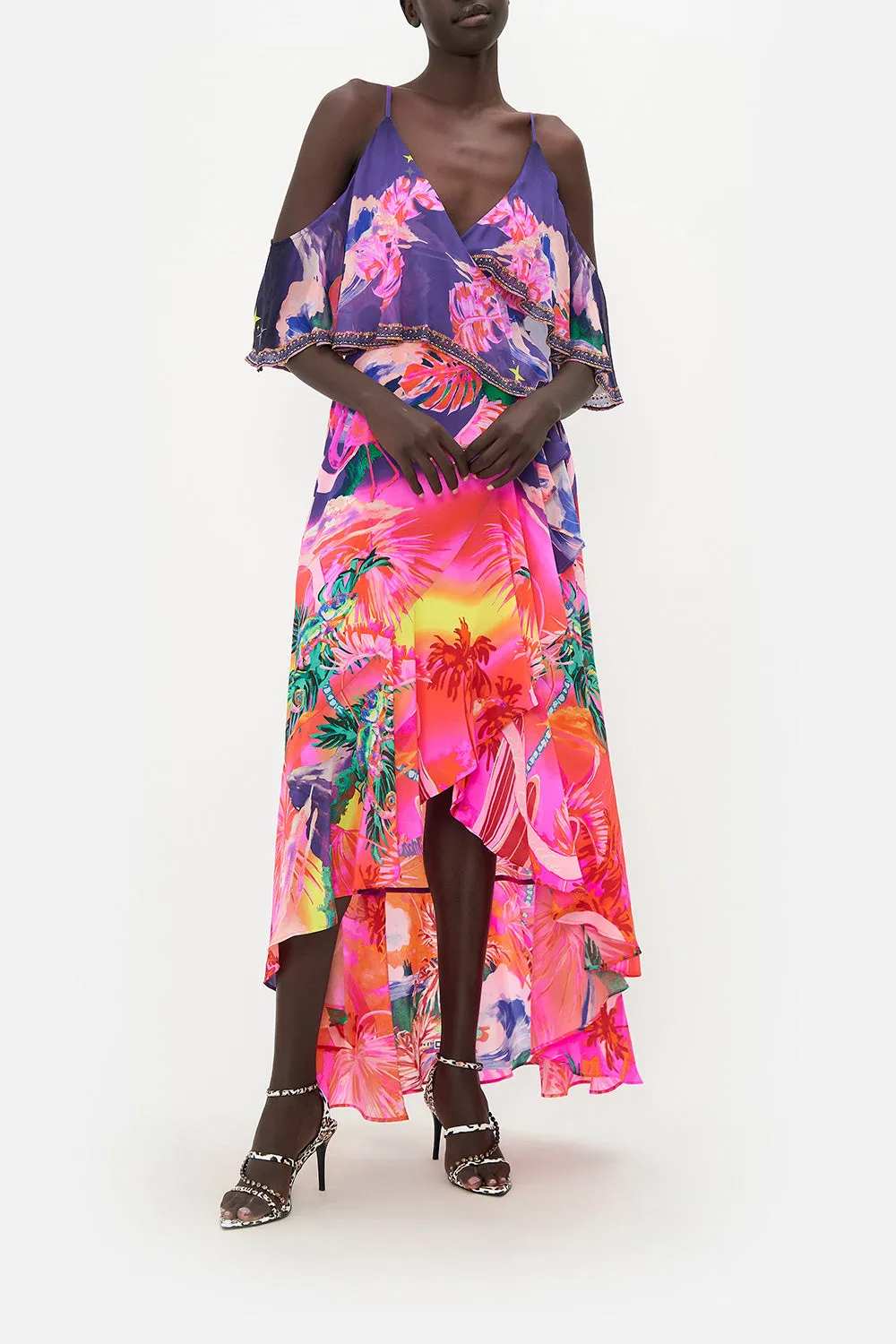 RUFFLE OVERLAYER WRAP DRESS FLIGHT OF THE FLAMINGO