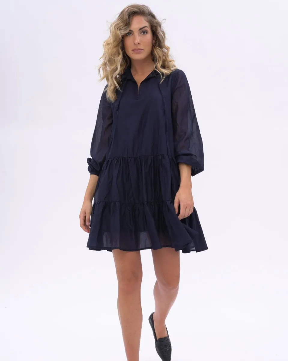 Ruffled Neck Tiered Waist Cotton Dress