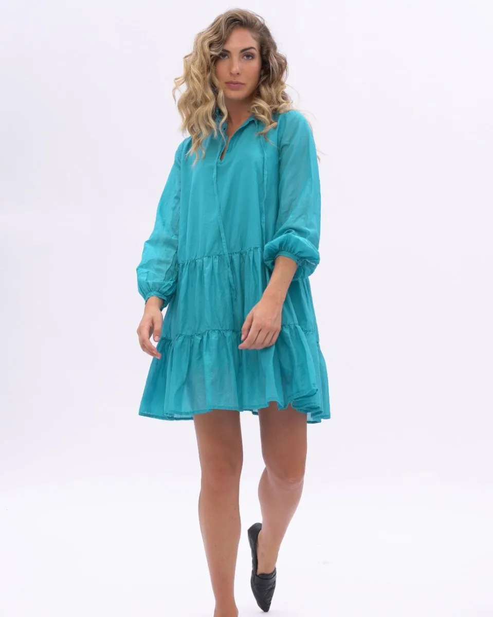 Ruffled Neck Tiered Waist Cotton Dress