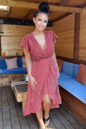 Rust Polka Dot Wrap Over Midi Dress