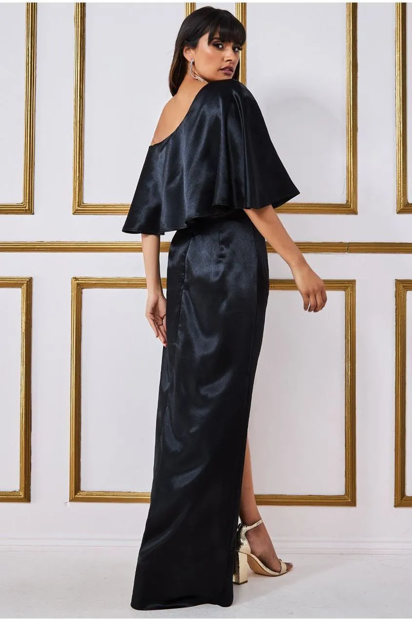 Satin Drape Shoulder Wrap Maxi Dress - Black by Goddiva