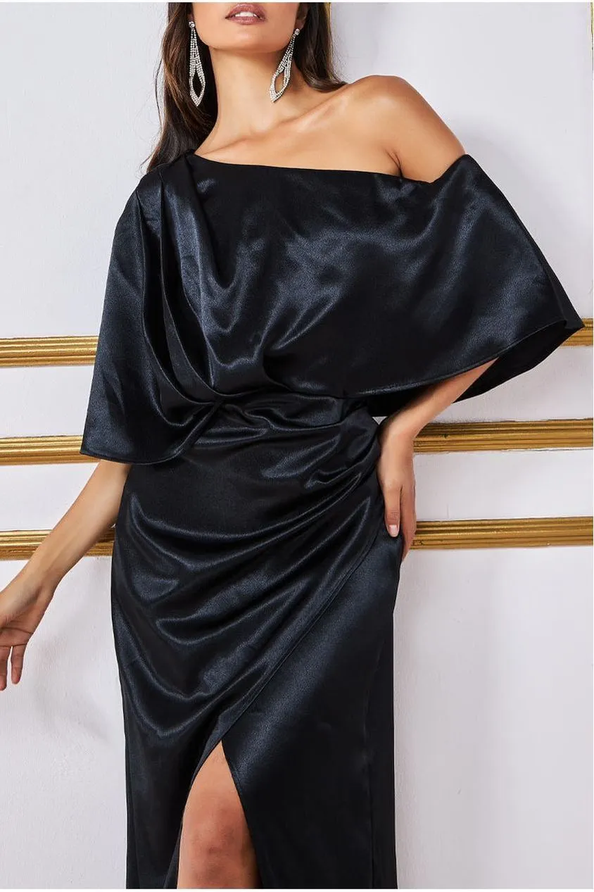 Satin Drape Shoulder Wrap Maxi Dress - Black by Goddiva