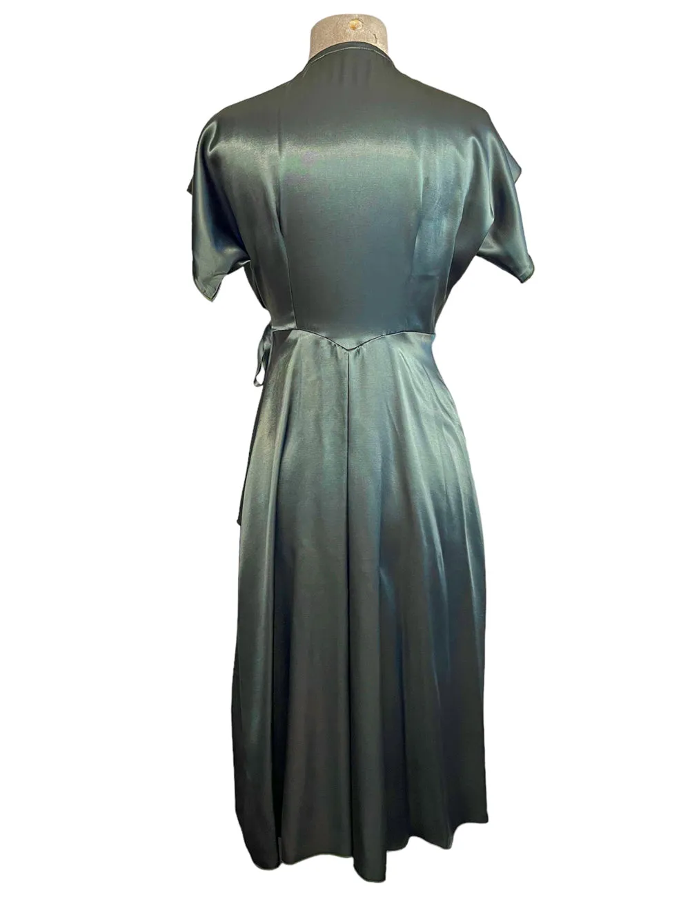 Satin Green Elegant 1940s Style Cascade Wrap Dress