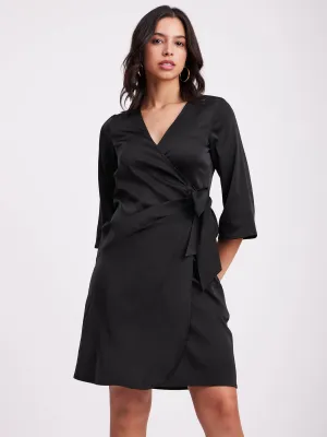 Satin Wrap Dress - Black