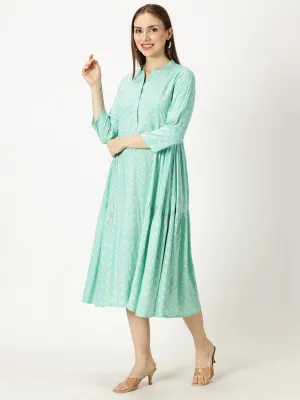 Sea Green Printed Rayon Dress with Side Gathers