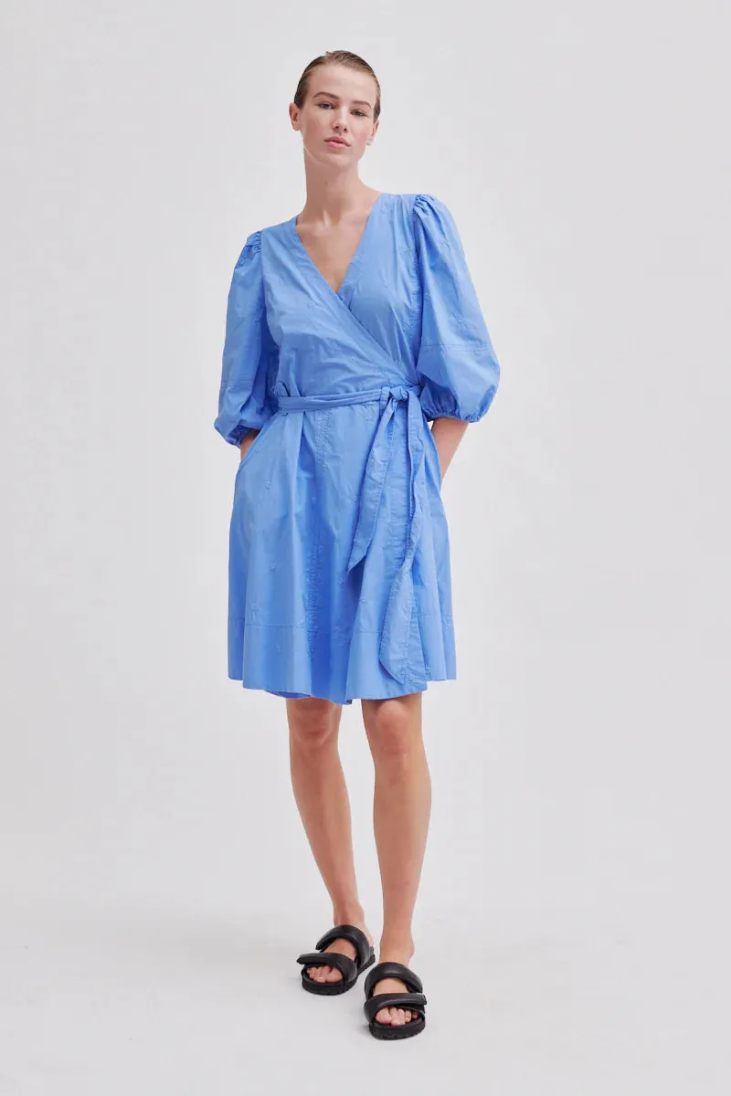 SECOND FEMALE | VESTIDO MUJER | VESTIDO BORDADO RICAMO WRAP DRESS | AZUL