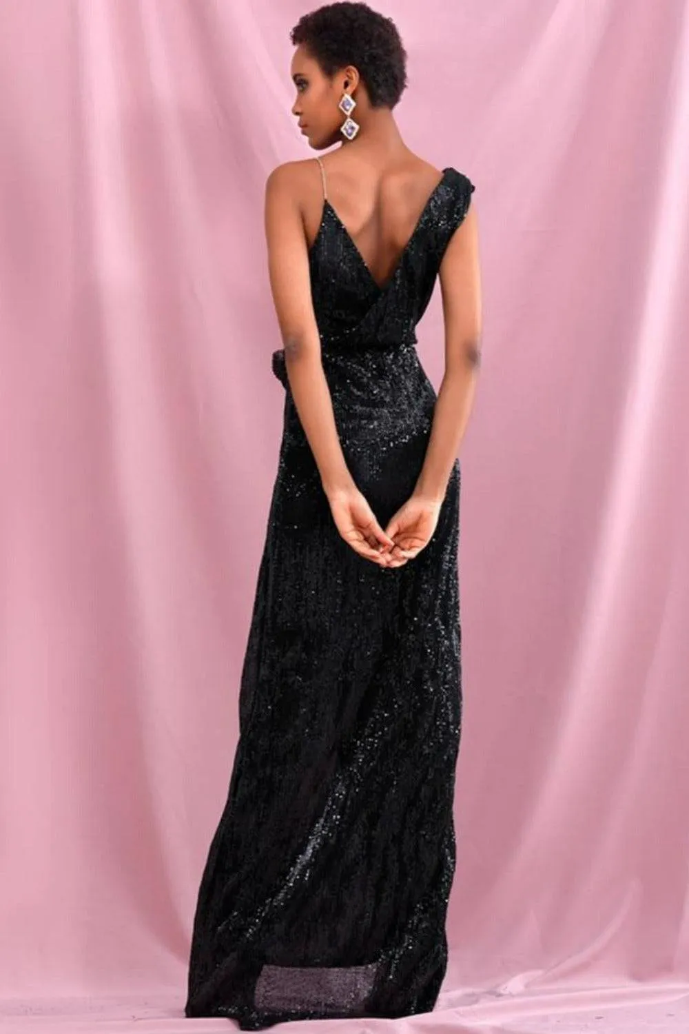 Sequin Chain Drape Backless Cross Wrap High Slit Maxi Dress - Black