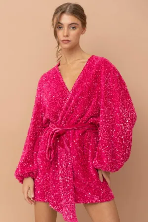 Sequin Velvet Wrap Tie Puff Glamour Dress