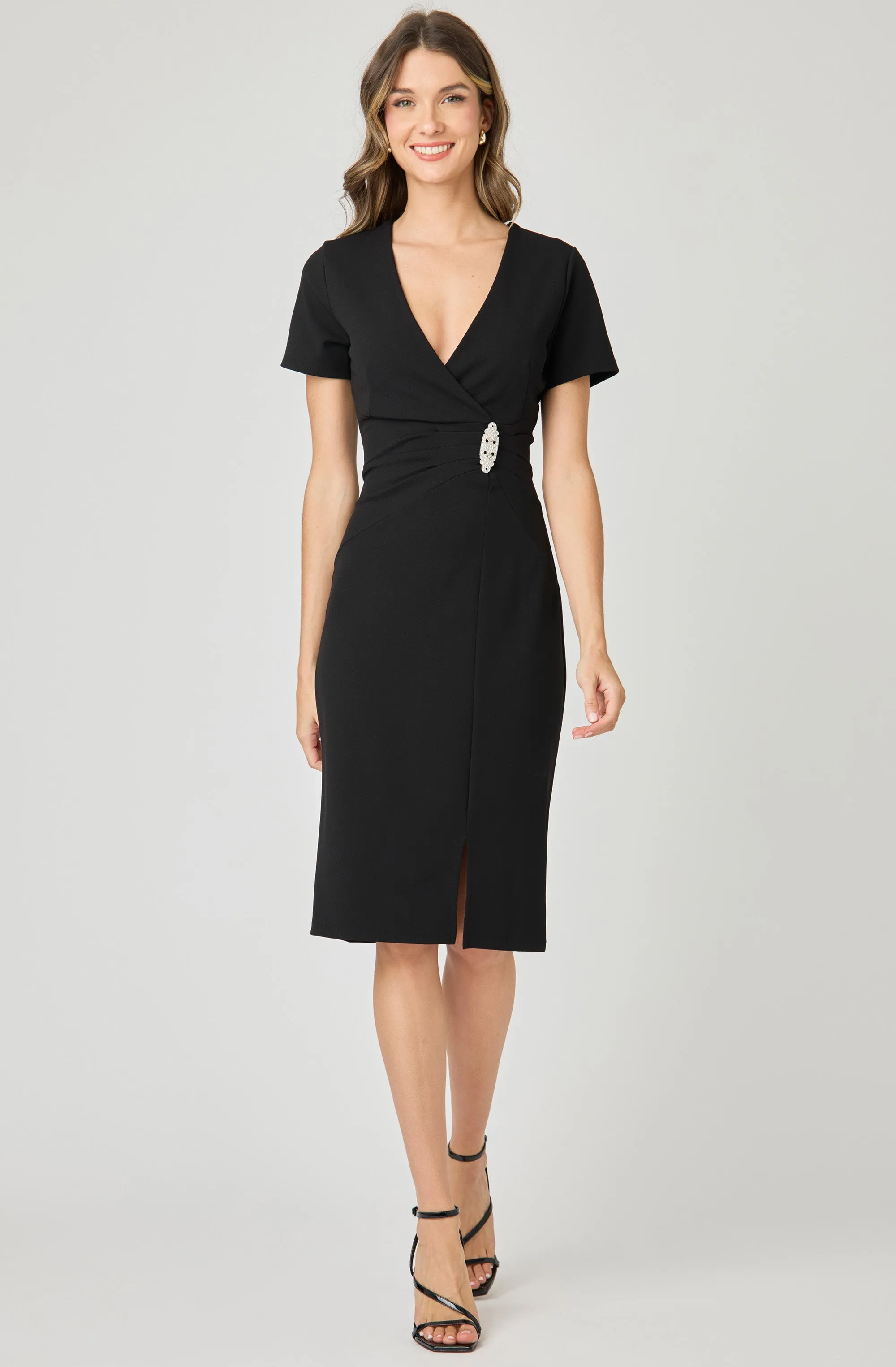 Short Sleeve Faux-Wrap Fitted Dress