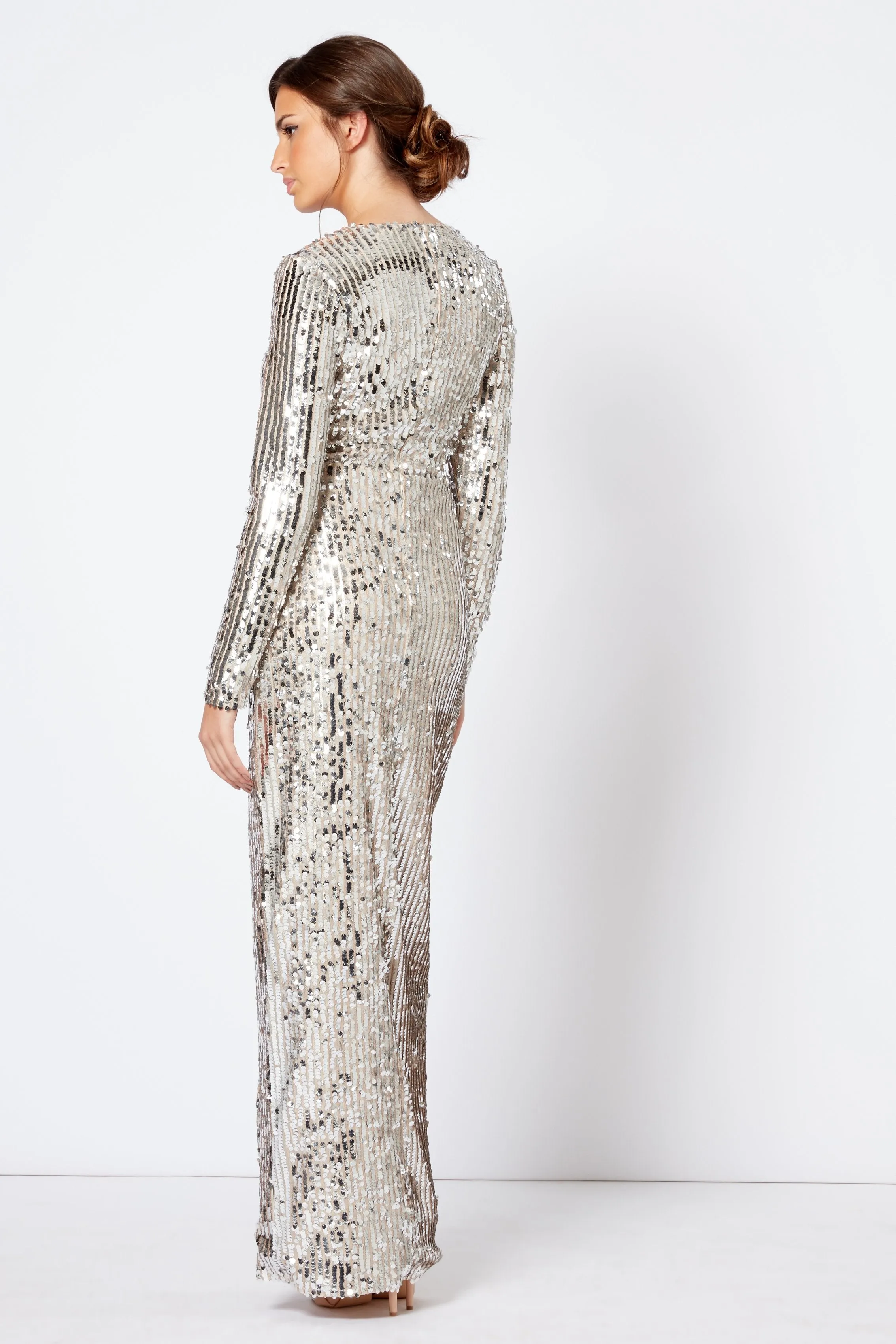 Silver Sequins Wrap Front Maxi Dress