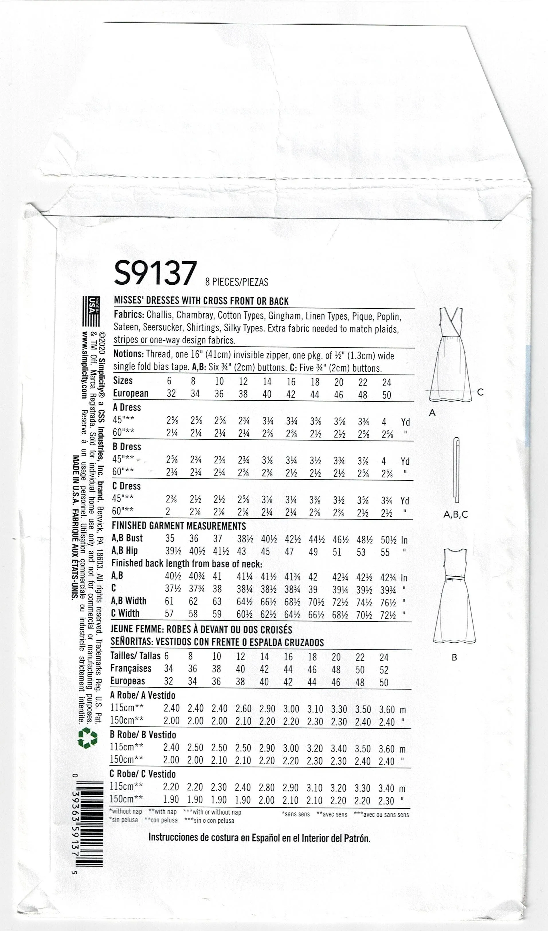 Simplicity 9137 Womens Back or Front Wrap Bodice Dress Out Of Print Sewing Pattern Size 6 - 14 UNCUT Factory Folded