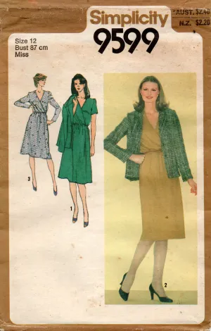 Simplicity 9599 Womens Wrap Bodice Dress & Jacket 1980s Vintage Sewing Pattern Size 12 UNCUT Factory Folded