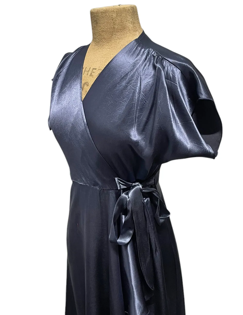 Slate Blue Satin 1940s Style Cascade Wrap Dress - Size Medium