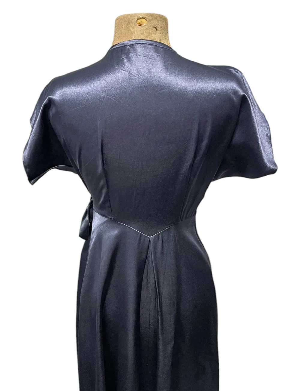 Slate Blue Satin 1940s Style Cascade Wrap Dress - Size Medium