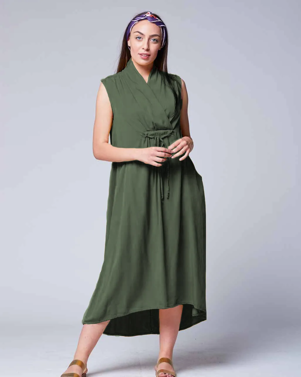 Sleeveless Drawstring Wrap Dress