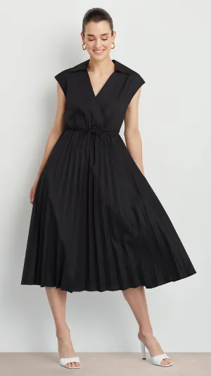 SLEEVELESS DRESS WITH PLEATED POPLIN SKIRT