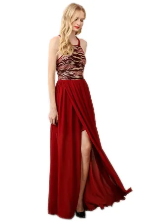 Sleeveless Sequin Maxi Dress High Slit Open Back Burgundy