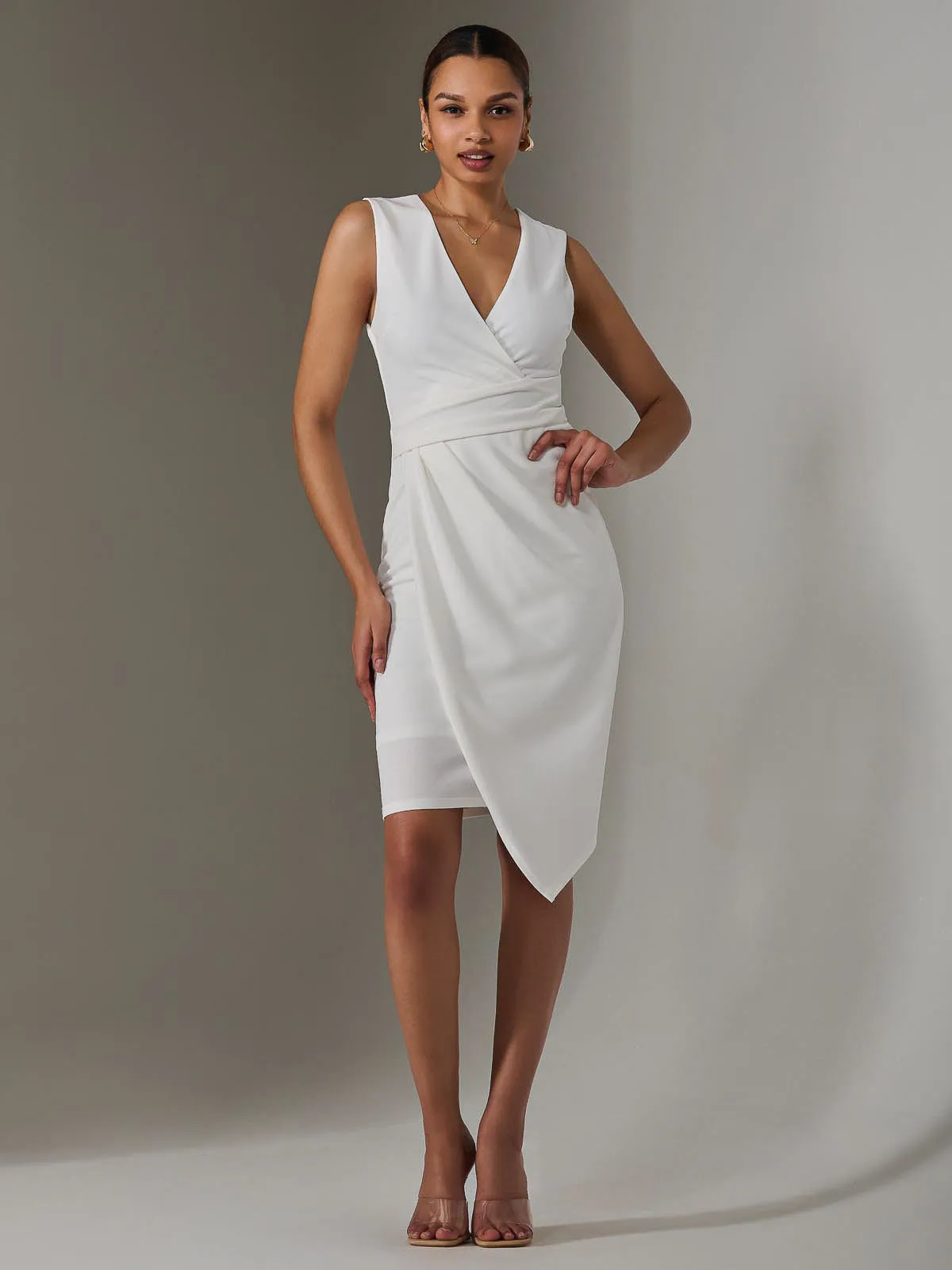 Sleeveless Wrap Front Midi Dress, White