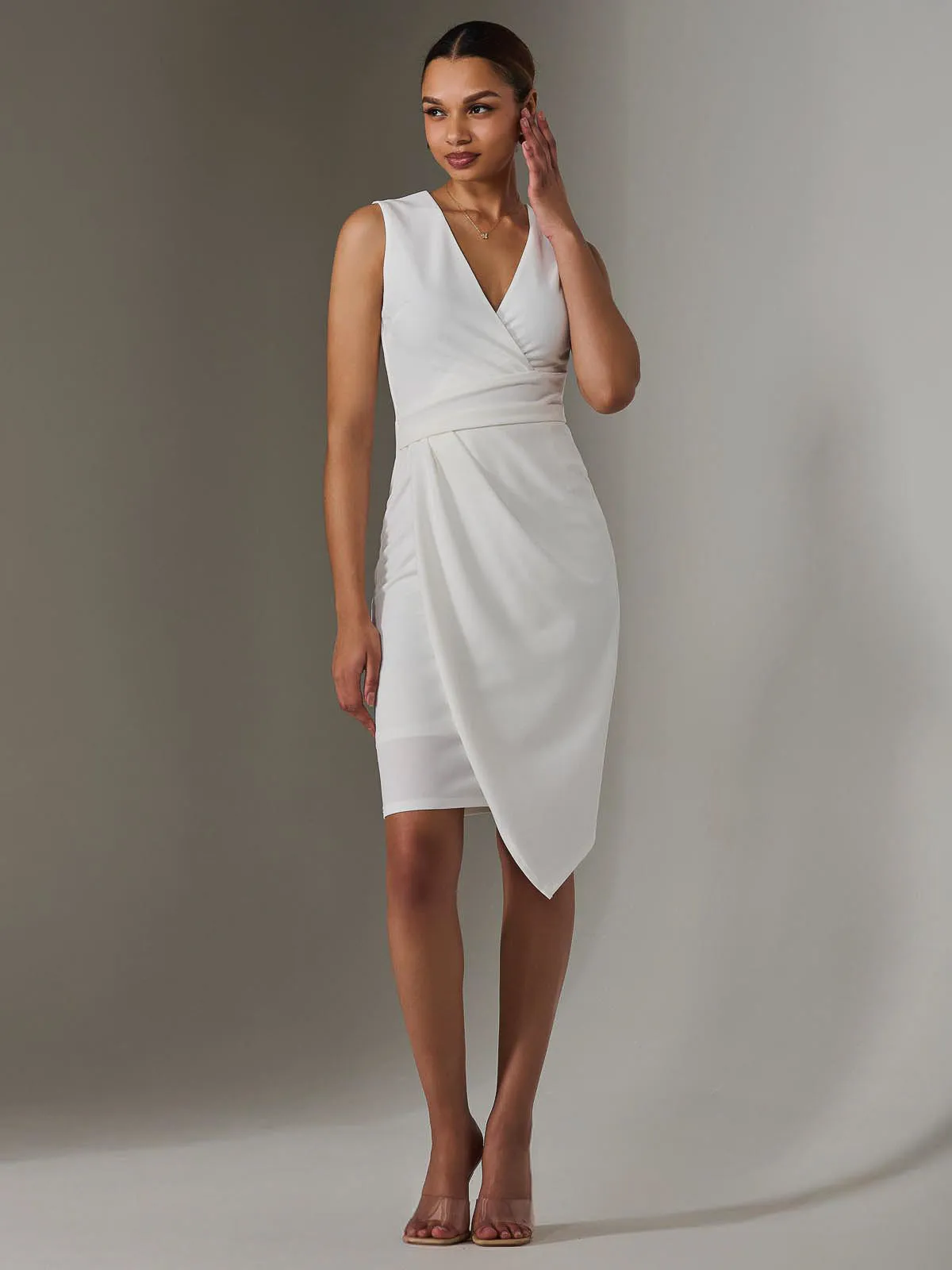 Sleeveless Wrap Front Midi Dress, White