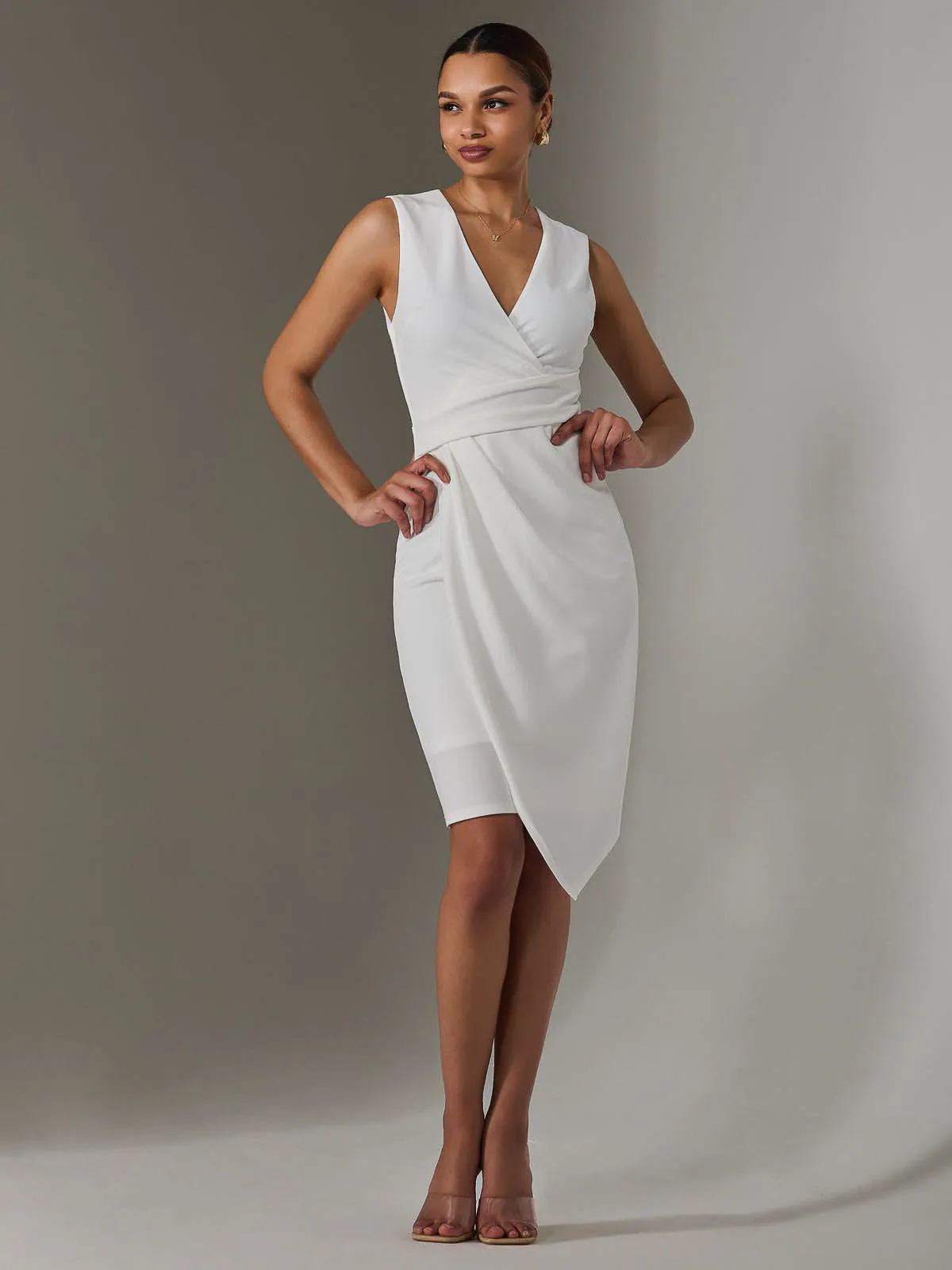 Sleeveless Wrap Front Midi Dress, White