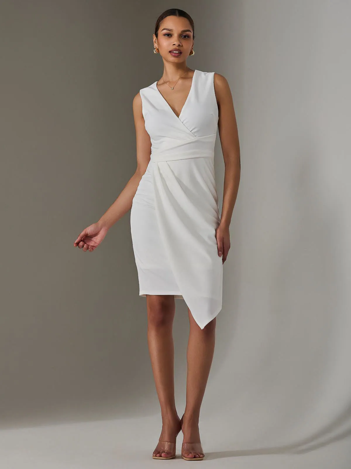 Sleeveless Wrap Front Midi Dress, White