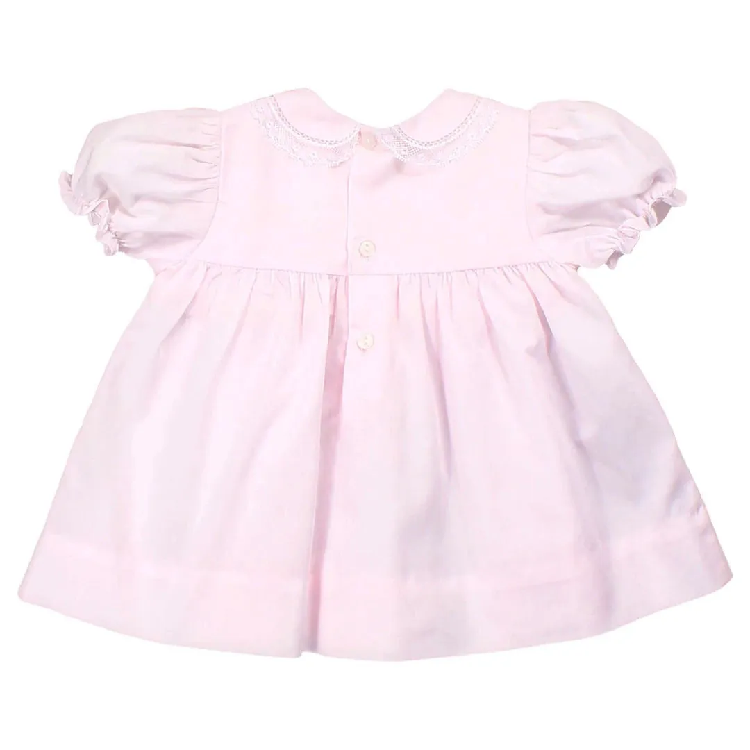 SMOCKED PINK BABY DRESS, BONNET, & BLOOMER