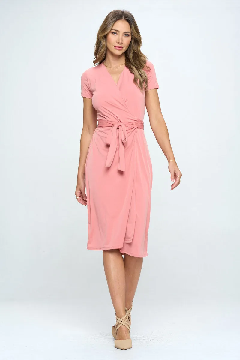 Solid V Neck Wrap Dress With Tie