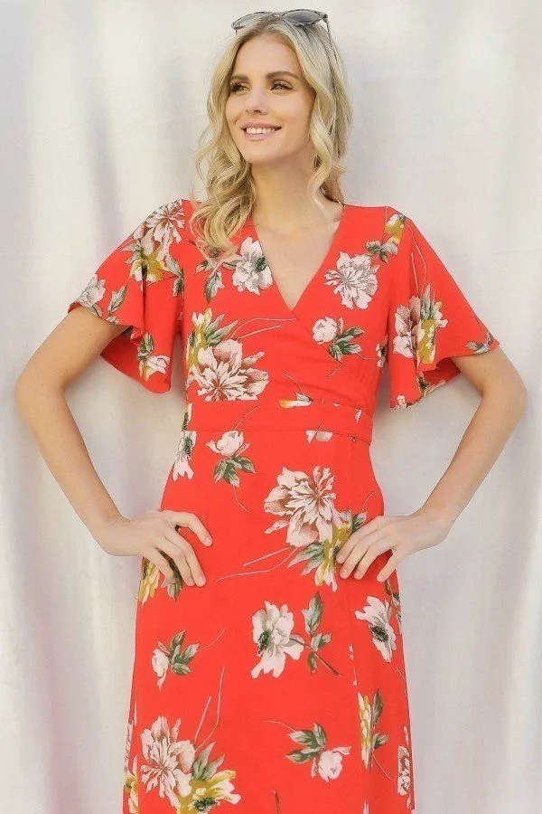 Spring Floral Print Short Bell Flyaway Sleeve Faux Wrap Maxi Dress