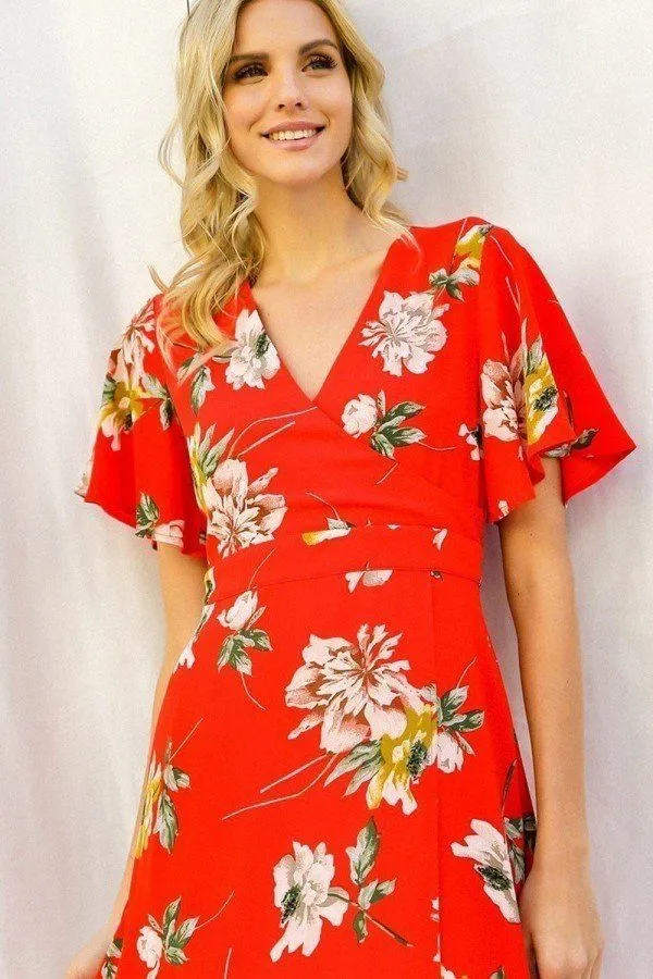 Spring Floral Print Short Bell Flyaway Sleeve Faux Wrap Maxi Dress