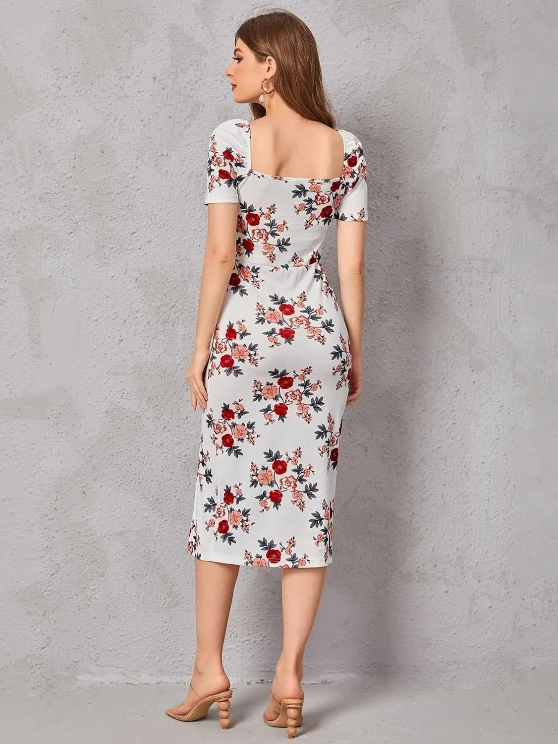 Square Neck Slim Fit Multi Color Flower Print Dress