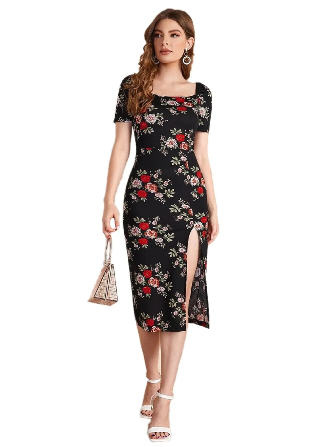 Square Neck Slim Fit Multi Color Flower Print Dress