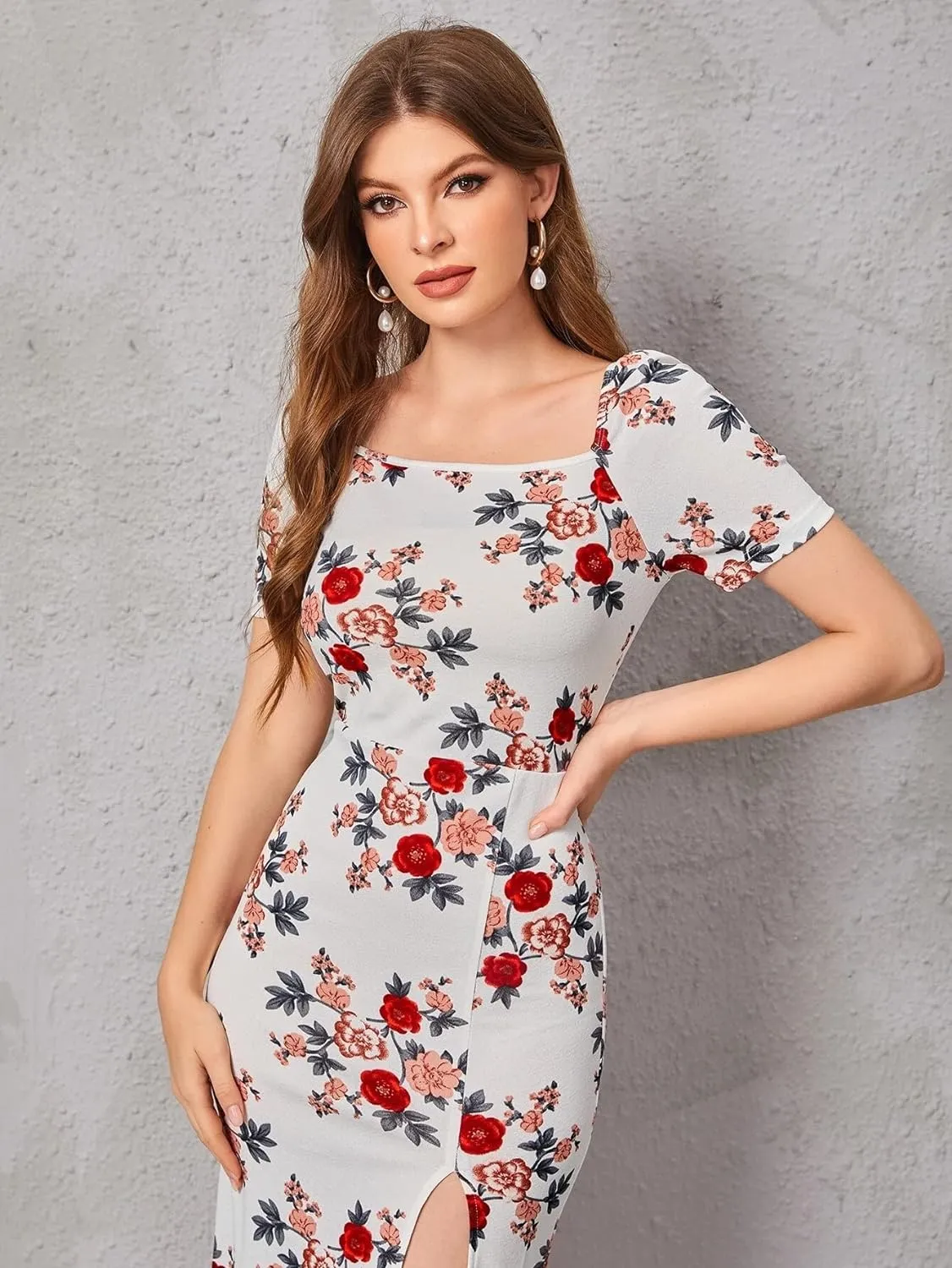 Square Neck Slim Fit Multi Color Flower Print Dress