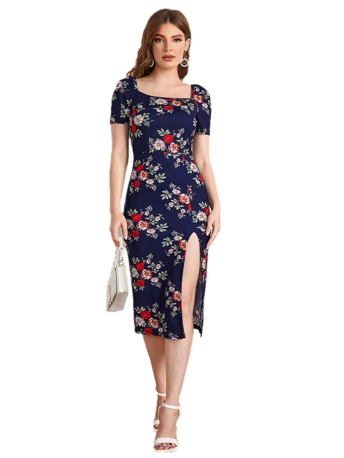 Square Neck Slim Fit Multi Color Flower Print Dress