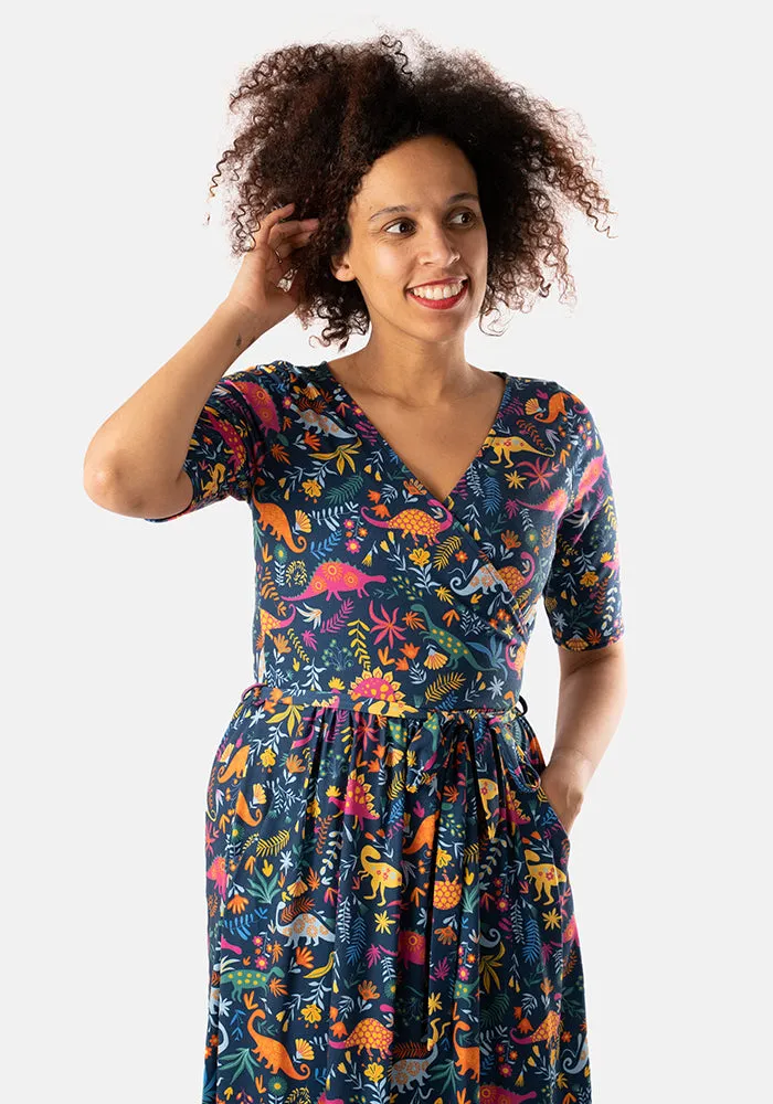 Stegosaurus Dinosaur Garden Print Midi Dress